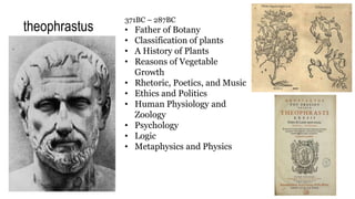 theophrastus
371BC – 287BC
• Father of Botany
• Classification of plants
• A History of Plants
• Reasons of Vegetable
Growth
• Rhetoric, Poetics, and Music
• Ethics and Politics
• Human Physiology and
Zoology
• Psychology
• Logic
• Metaphysics and Physics
 