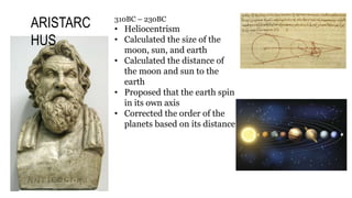ARISTARC
HUS
310BC – 230BC
• Heliocentrism
• Calculated the size of the
moon, sun, and earth
• Calculated the distance of
the moon and sun to the
earth
• Proposed that the earth spin
in its own axis
• Corrected the order of the
planets based on its distance
 