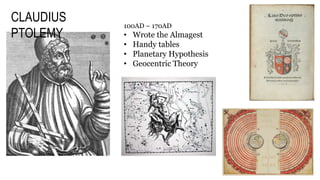 CLAUDIUS
PTOLEMY
100AD – 170AD
• Wrote the Almagest
• Handy tables
• Planetary Hypothesis
• Geocentric Theory
 