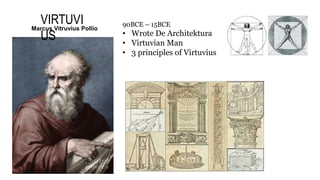 VIRTUVI
US
Marcus Vitruvius Pollio
90BCE – 15BCE
• Wrote De Architektura
• Virtuvian Man
• 3 principles of Virtuvius
 