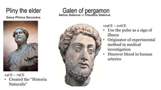 Pliny the elder
Gaius Plinius Secundus
24CE – 79CE
• Created the “Historia
Naturalis”
Galen of pergamon
Aelius Galenus or Claudius Galenus
129CE – 216CE
• Use the pulse as a sign of
illness
• Originator of experimental
method in medical
investigation
• Discover blood in human
arteries
 