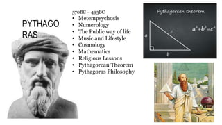 PYTHAGO
RAS
570BC – 495BC
• Metempsychosis
• Numerology
• The Public way of life
• Music and Lifestyle
• Cosmology
• Mathematics
• Religious Lessons
• Pythagorean Theorem
• Pythagoras Philosophy
 