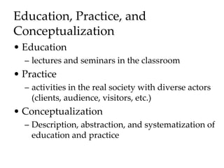 Education, Practice, and
Conceptualization
• Education
– lectures and seminars in the classroom
• Practice
– activities in the real society with diverse actors
(clients, audience, visitors, etc.)
• Conceptualization
– Description, abstraction, and systematization of
education and practice
 