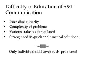 Difficulty in Education of S&T
Communication
• Inter-disciplinarity
• Complexity of problems
• Various stake holders related
• Strong need in quick and practical solutions
Only individual skill cover such problems?
 