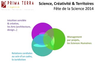 Science, Créativité & Territoires 
Fête de la Science 2014 
Management 
par projets, 
les Sciences Humaines 
Intuition sensible 
& créative, 
les Arts (architecture, design…) 
Relations cordiales au sein d’un cadre, 
la Juridiction  
