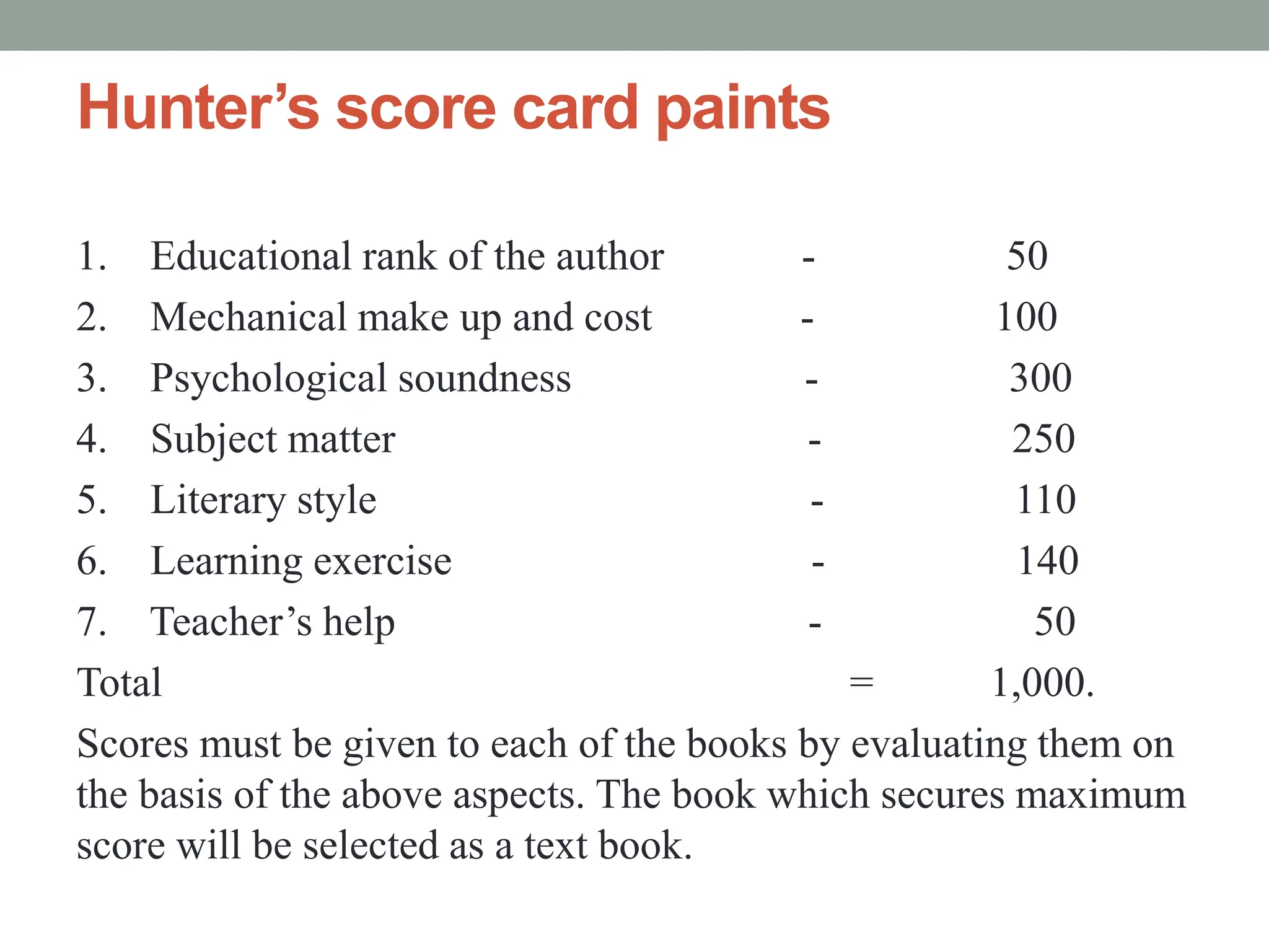 Hunter’s score card paints
1. Educational rank of the author - 50
2. Mechanical make up and cost - 100
3. Psychological soundness - 300
4. Subject matter - 250
5. Literary style - 110
6. Learning exercise - 140
7. Teacher’s help - 50
Total = 1,000.
Scores must be given to each of the books by evaluating them on
the basis of the above aspects. The book which secures maximum
score will be selected as a text book.
 