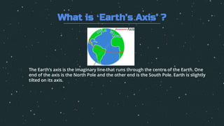 1. The Earth’s axis is the imaginary line that runs through the centre of the Earth. One
end of the axis is the North Pole and the other end is the South Pole. Earth is slightly
tilted on its axis.
What is ‘Earth’s Axis’ ?
 
