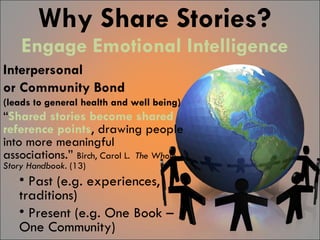 Why Share Stories? Engage Emotional Intelligence Interpersonal  or Community Bond  (leads to general health and well being) “ Shared stories become shared reference points , drawing people into more meaningful associations.”  Birch, Carol L.  The Whole Story Handbook.  (13)  Past (e.g. experiences, traditions) Present (e.g. One Book – One Community) 