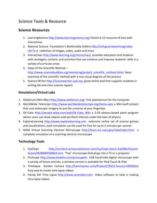 Science	
  Tools	
  &	
  Resource	
  
Science	
  Resources	
  
     1. LearningScience	
  http://www.learningscience.org/	
  Online	
  K-­‐12	
  resource	
  of	
  free	
  web	
  
        interactives	
  
     2. National	
  Science	
  	
  Foundation’s	
  Multimedia	
  Gallery	
  http://nsf.gov/news/mmg/index-­‐
        cfm?s=2	
  	
  collection	
  of	
  images,	
  video,	
  audio	
  and	
  more	
  
     3. Interactives	
  http://www.learning.org/interactives/	
  	
  provides	
  educators	
  and	
  students	
  
        with	
  strategies,	
  content,	
  and	
  activities	
  that	
  can	
  enhance	
  and	
  improve	
  students’	
  skills	
  in	
  a	
  
        variety	
  of	
  curricular	
  areas	
  
     4. Steps	
  of	
  the	
  Scientific	
  Method	
  –	
  
        http://www.sciencebuddies.org/mentoring/project_scientific_method.shtml	
  	
  Basic	
  
        overview	
  of	
  the	
  scientific	
  method	
  with	
  a	
  nice	
  visual	
  diagram	
  of	
  the	
  process	
  
     5. Science	
  Writer	
  http://sciencewriter.cast.org	
  	
  great	
  online	
  tool	
  that	
  supports	
  students	
  in	
  
        writing	
  lab	
  and	
  class	
  science	
  reports	
  

Simulations/Virtual	
  Labs	
  

1. Stellarium	
  (Win-­‐Mac)	
  http://www.stellarium.org/	
  	
  free	
  planetarium	
  for	
  the	
  computer	
  
2. WorldWide	
  Telescope	
  http://www.worldwidetelescope.org/Home.aspx	
  a	
  Microsoft	
  project	
  
   that	
  uses	
  telescopic	
  imagery	
  to	
  put	
  the	
  universe	
  at	
  your	
  fingertips	
  
3. OE-­‐Cake	
   http://oecake.wikia.com/wiki/OE-­‐Cake_Wiki	
   a	
   2.5D	
   physics-­‐based	
   paint	
   program	
  
   where	
  users	
  can	
  draw	
  objects	
  and	
  see	
  them	
  interact	
  under	
  the	
  laws	
  of	
  physics	
  
4. ExploreLearning	
   http://www.explorelearning.com	
   	
   extensive	
   online	
   set	
   of	
   science	
   gizmos	
  
   and	
  visualizations,	
  each	
  simulation	
  can	
  be	
  used	
  for	
  free	
  for	
  up	
  to	
  5	
  minutes	
  per	
  session	
  
5. NASA	
   Virtual	
   Scanning	
   Electron	
   Microscope	
   http://learn.arc.nasa.gov/vlab/index.html	
   	
   a	
  
   complete	
  simulation	
  of	
  a	
  scanning	
  electron	
  microscope	
  

Technology	
  Tools	
  

     1. EyeClops	
                 http://smrtech.amazonwebstore.com/EyeClops-­‐bionic-­‐Eye0Multizoom-­‐
        Green/M/B000PGRBGA.htm	
  	
  “Toy”	
  microscope	
  that	
  plugs	
  into	
  a	
  TV	
  or	
  a	
  projector	
  
     2. ProScope	
  http://www.bodelin.com/proscopehr	
  	
  USB	
  hand-­‐held	
  digital	
  microscope	
  with	
  
        a	
  variety	
  of	
  lenses	
  and	
  kits,	
  a	
  wireless	
  version	
  is	
  available	
  for	
  iPod	
  Touch	
  &	
  iPad	
  
     3. Timelapse	
   	
   Garden	
   Camera	
   http://hammacher.com/Product/76551?source=FROOGLE	
  	
  
        Easy	
  way	
  to	
  create	
  time	
  lapse	
  videos	
  
     4. Handy	
   AVI	
   Time	
   Lapse	
   http://www.azcendant.com	
   	
   Video	
   software	
   to	
   help	
   in	
   making	
  
        time	
  lapse	
  videos	
  
 