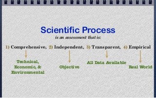 Scientific Process
                     is an assessment that is:

1) Comprehensive, 2) Independent, 3) Transparent, 4) Empirical


    Technical,                        All Data Available
   Economic, &         Objective                           Real World
  Environmental
 
