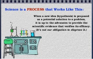 Science is a PROCESS that Works Like This:
               When a new idea (hypothesis) is proposed
                  as a potential solution to a problem,
                it is up to the advocates to provide the
              scientific evidence that verifies its efficacy.
                 (It’s not our obligation to disprove it.)
 