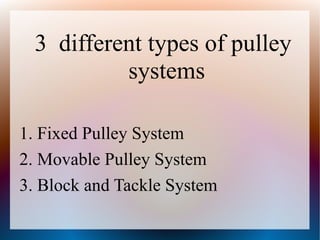 3 different types of pulley
systems
1. Fixed Pulley System
2. Movable Pulley System
3. Block and Tackle System
 