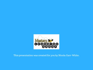 Not every student can learn the essential
content and skills in the time we have available
to teach and consolidate. Mastery Learning
Folders are a hand-made or hardcover tool that
supports the classroom learning program for
remediation, consolidation or extension.
Two minute Video
 