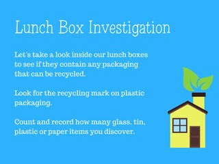 What type of materials are
recyclable?
glass
tin
plastic
paper
 