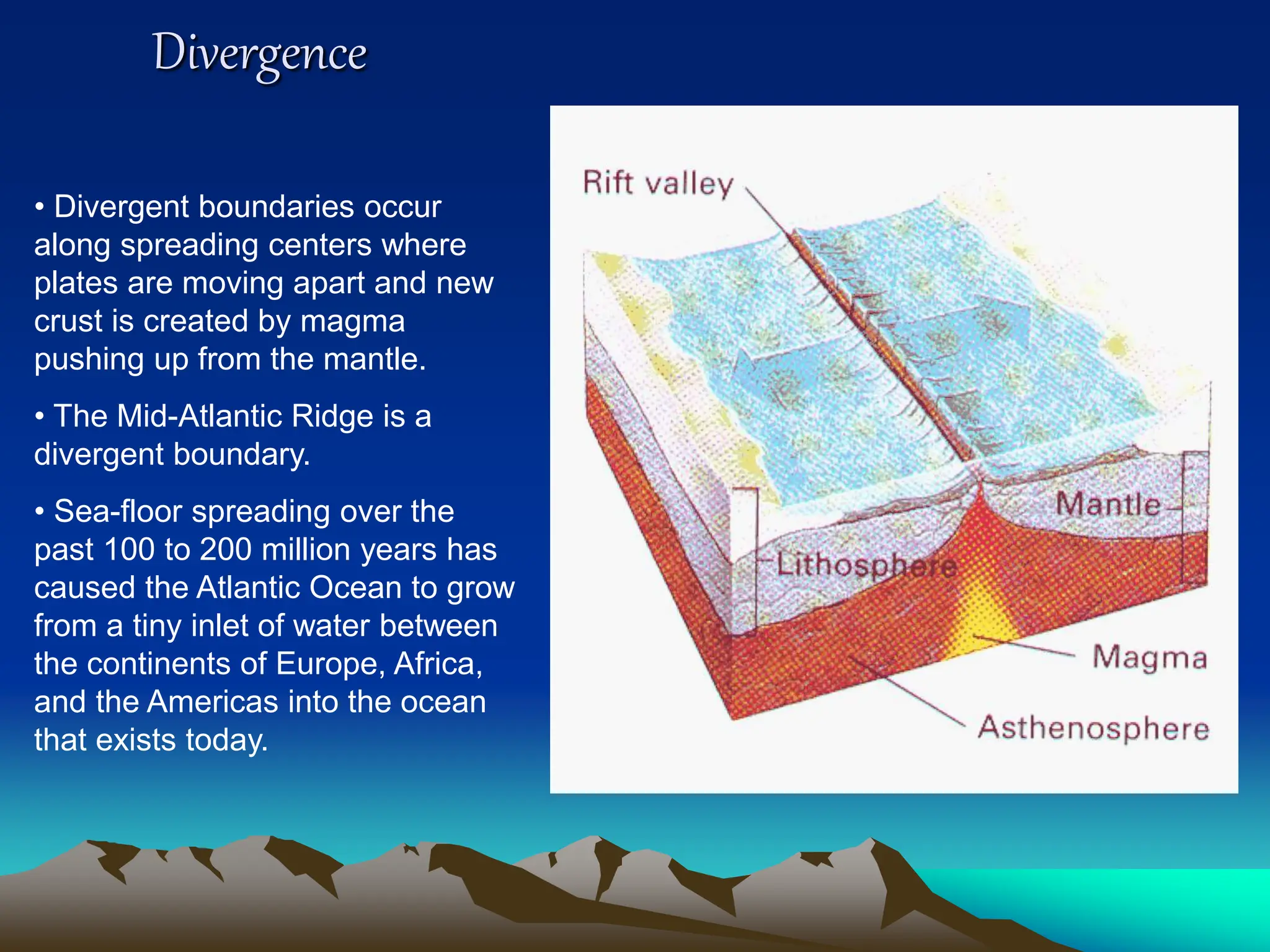 Divergence
• Divergent boundaries occur
along spreading centers where
plates are moving apart and new
crust is created by magma
pushing up from the mantle.
• The Mid-Atlantic Ridge is a
divergent boundary.
• Sea-floor spreading over the
past 100 to 200 million years has
caused the Atlantic Ocean to grow
from a tiny inlet of water between
the continents of Europe, Africa,
and the Americas into the ocean
that exists today.
 