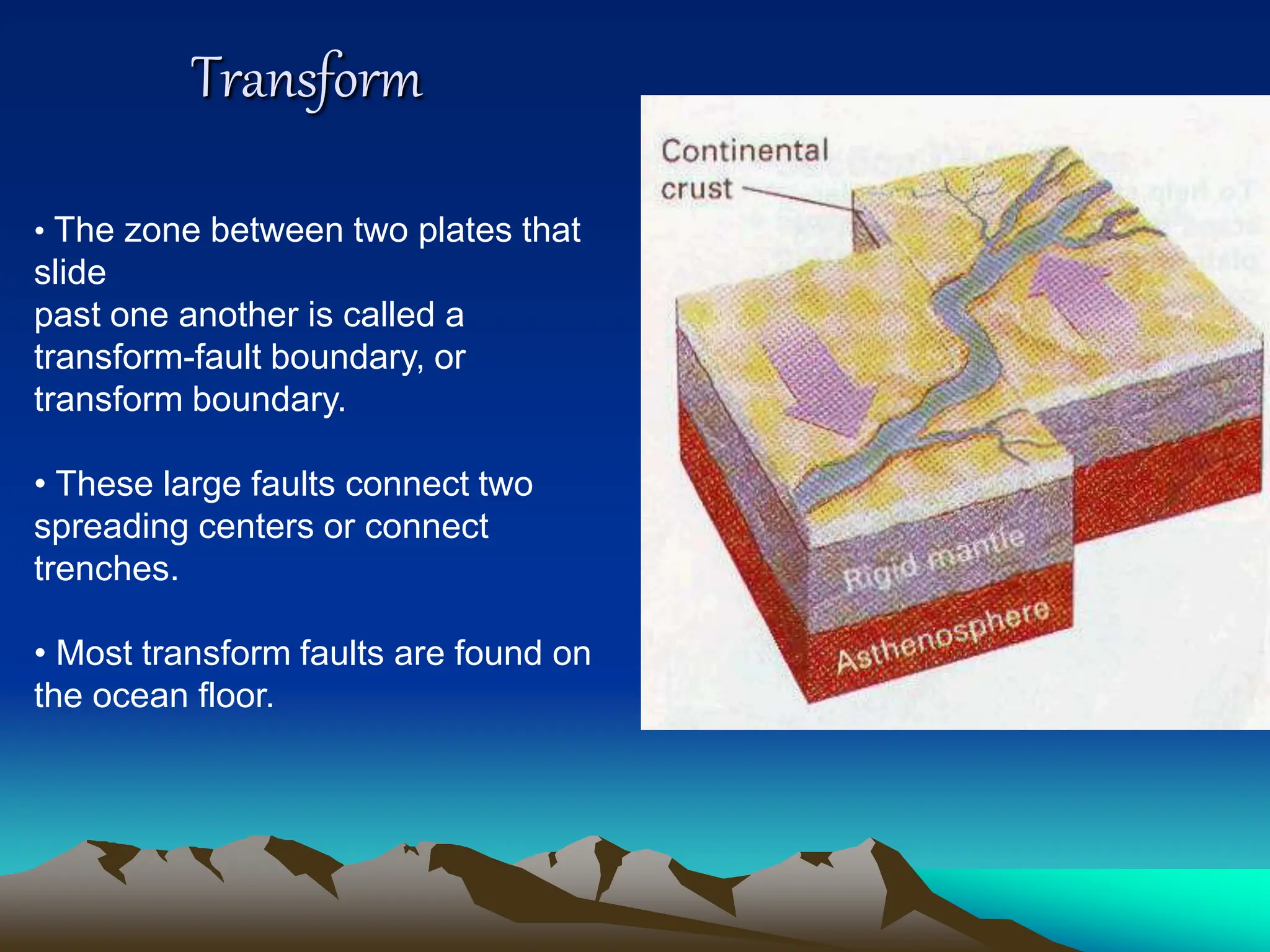 Transform
• The zone between two plates that
slide
past one another is called a
transform-fault boundary, or
transform boundary.
• These large faults connect two
spreading centers or connect
trenches.
• Most transform faults are found on
the ocean floor.
 