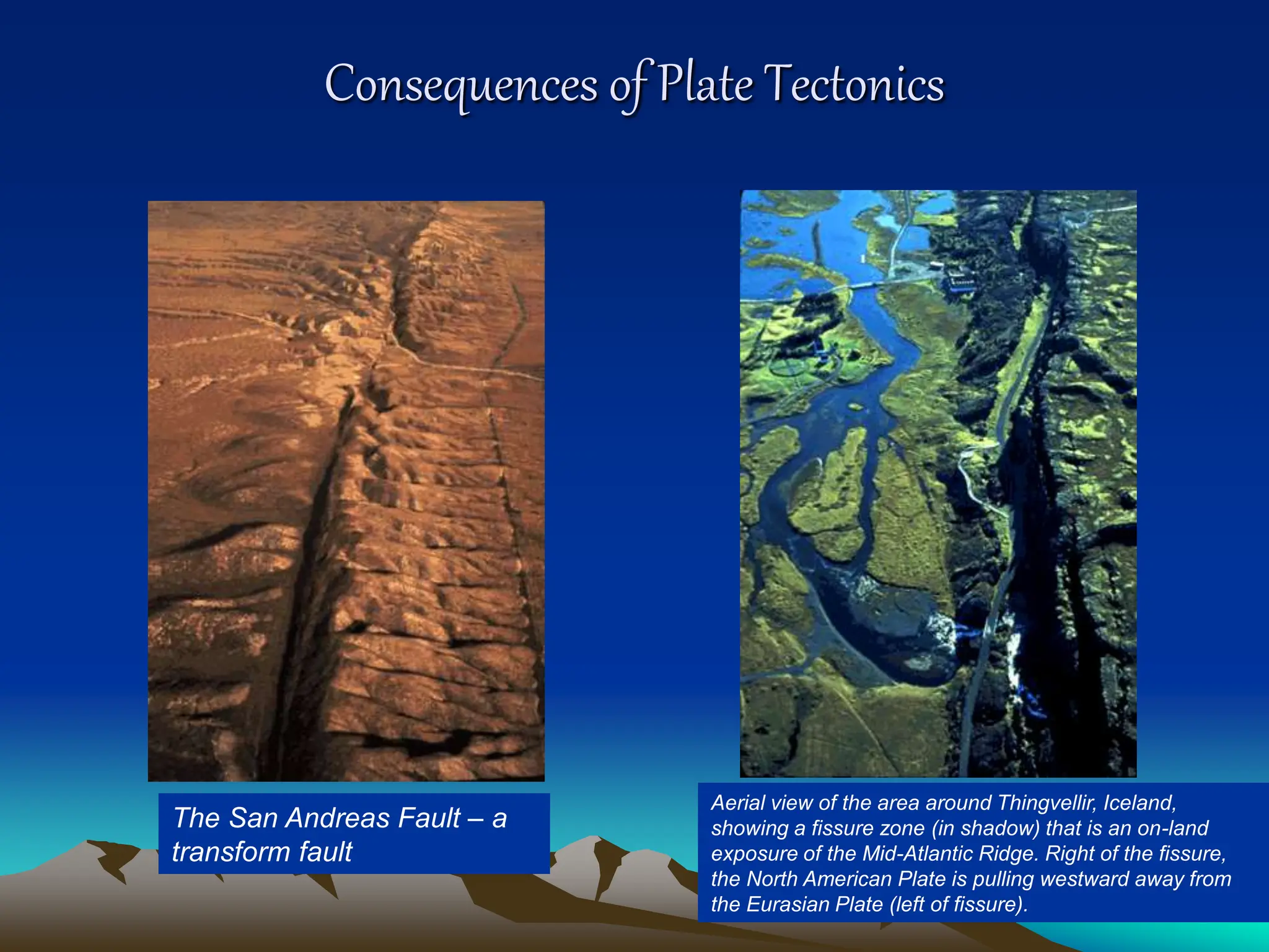 Consequences of Plate Tectonics
The San Andreas Fault – a
transform fault
Aerial view of the area around Thingvellir, Iceland,
showing a fissure zone (in shadow) that is an on-land
exposure of the Mid-Atlantic Ridge. Right of the fissure,
the North American Plate is pulling westward away from
the Eurasian Plate (left of fissure).
 