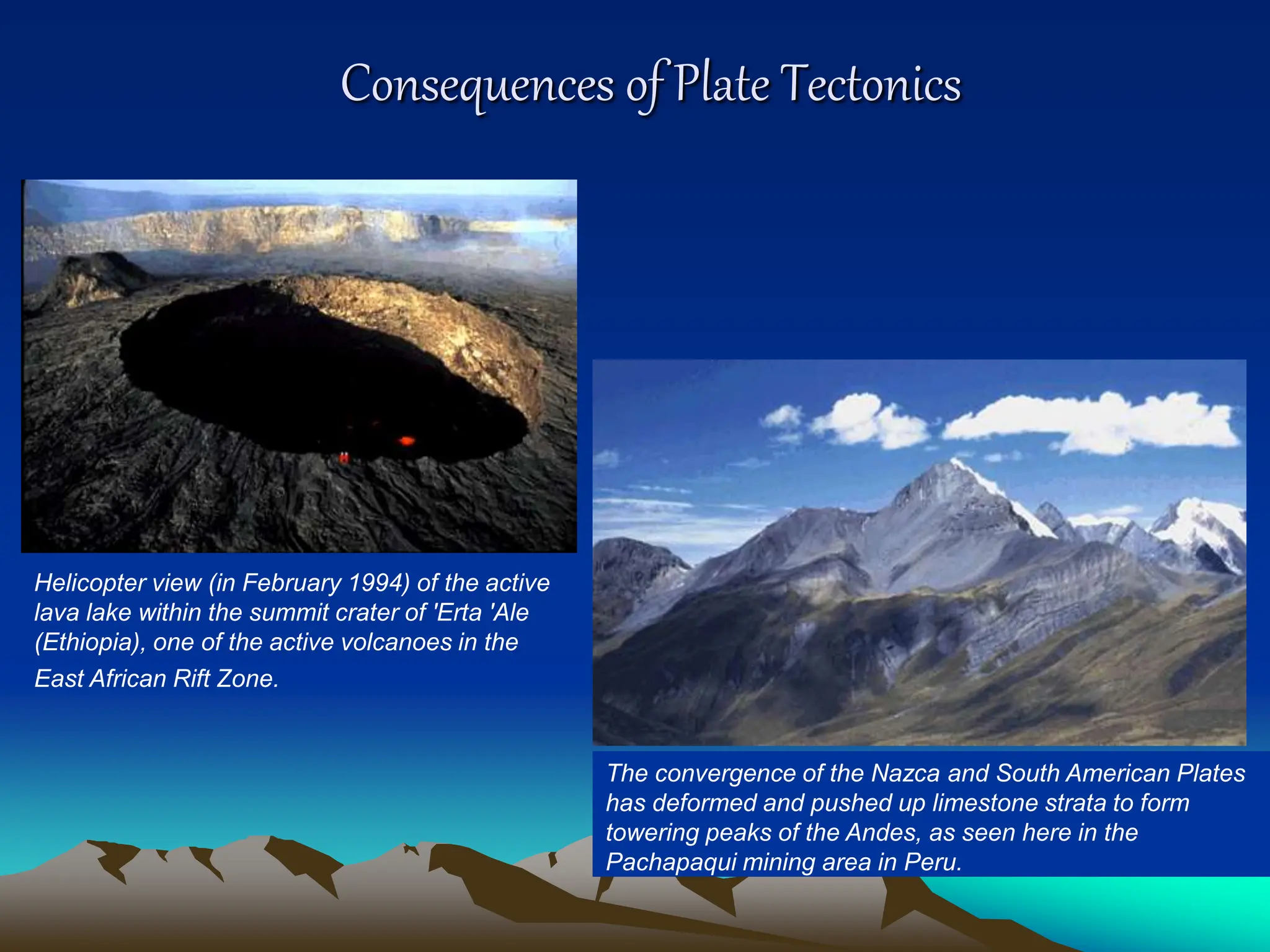 Consequences of Plate Tectonics
The convergence of the Nazca and South American Plates
has deformed and pushed up limestone strata to form
towering peaks of the Andes, as seen here in the
Pachapaqui mining area in Peru.
Helicopter view (in February 1994) of the active
lava lake within the summit crater of 'Erta 'Ale
(Ethiopia), one of the active volcanoes in the
East African Rift Zone.
 