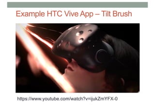 Example HTC Vive App – Tilt Brush
https://www.youtube.com/watch?v=ijukZmYFX-0
 