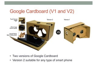 Google Cardboard (V1 and V2)
• Two versions of Google Cardboard
• Version 2 suitable for any type of smart phone
 