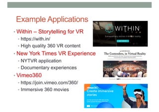 Example Applications
• Within – Storytelling for VR
• https://with.in/
• High quality 360 VR content
• New York Times VR Experience
• NYTVR application
• Documentary experiences
• Vimeo360
• https://join.vimeo.com/360/
• Immersive 360 movies
 