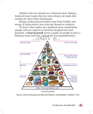 Children like you should eat a balanced meal. Eating a
balanced meal means that you must always eat meals that
contain the three basic food groups.
    Eating a balanced meal makes your body healthy and
strong. It helps protect you from any disease or sickness.
    To know what makes up a balanced meal, nutritionists
(people who are experts in nutrition) designed the food
pyramid. A food pyramid serves a guide for people to have a
balanced meal each day. Look at the food pyramid below.

     Eat just enough.                                          Fats, oil, and sugar




     Eat moderately.
                                                               Meat, poultry, dried
                                                                 beans, and nuts




    Eat more.                                                 Vegetables and fruits




     Eat most.                                                            Rice and
                                                                     other cereals,
                                                                        bread, and
                                                                         rootcrops



                        Water: At least eight glasses a day

                               Food Pyramid
 Source: www.furi.dost.gov.ph/index.php?options=contenttask=viewid=1126




                                                The Body You Are Gifted With          1
 