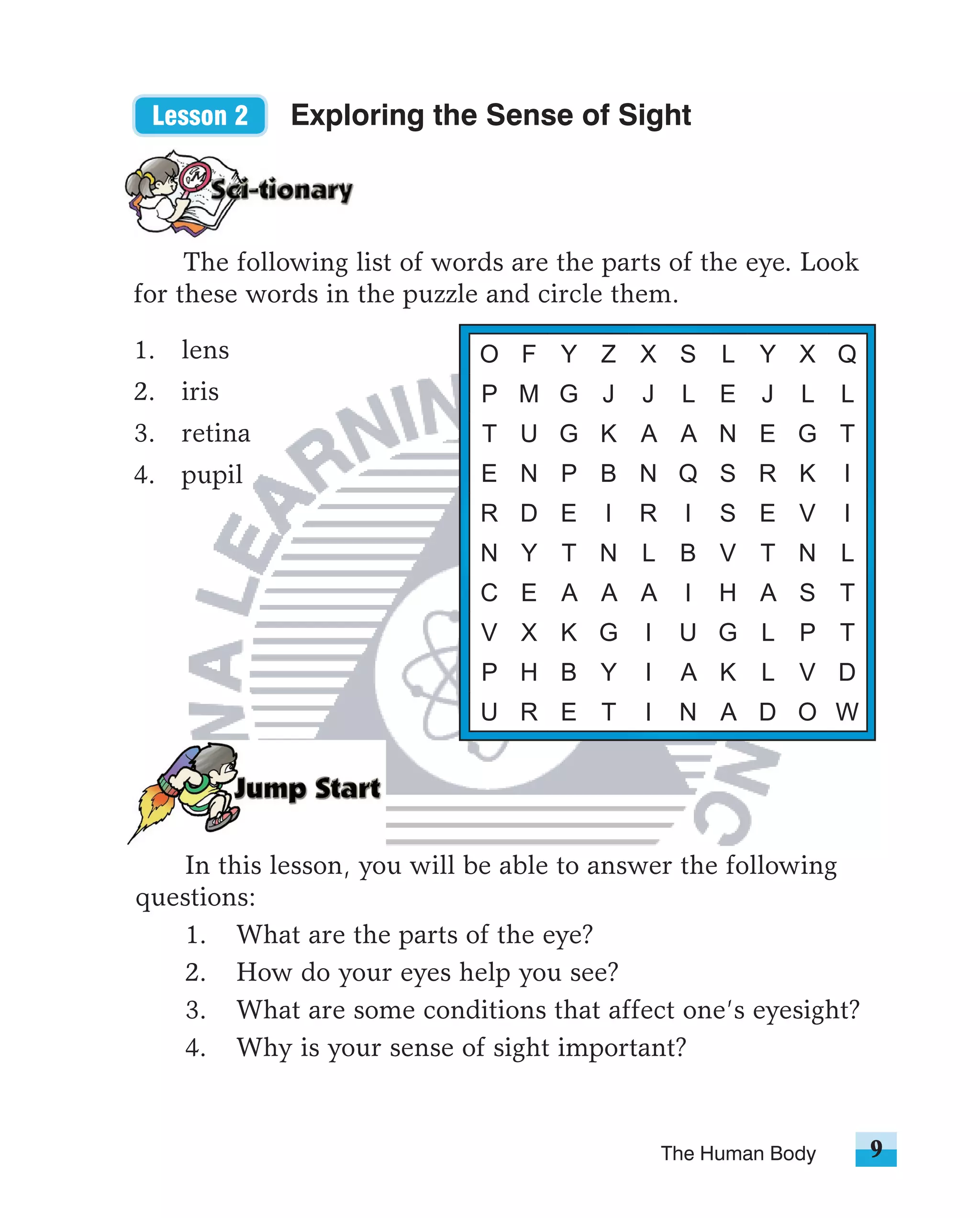 Lesson 2    Exploring the Sense of Sight



     The following list of words are the parts of the eye. Look
for these words in the puzzle and circle them.

1. lens                       O F Y Z X S             L Y X Q
2. iris                       P M G J       J    L E     J   L   L
3. retina                     T U G K A A N E G T
4. pupil                      E N P B N Q S R K                  I
                              R D E     I   R     I   S E V      I
                              N Y T N L B V T N L
                              C E A A A           I   H A S T
                              V X K G       I    U G L P T
                              P H B Y       I    A K     L V D
                              U R E T       I    N A D O W




   In this lesson, you will be able to answer the following
questions:
   1. What are the parts of the eye?
   2. How do your eyes help you see?
   3. What are some conditions that affect one’s eyesight?
   4. Why is your sense of sight important?


                                                The Human Body       9
 