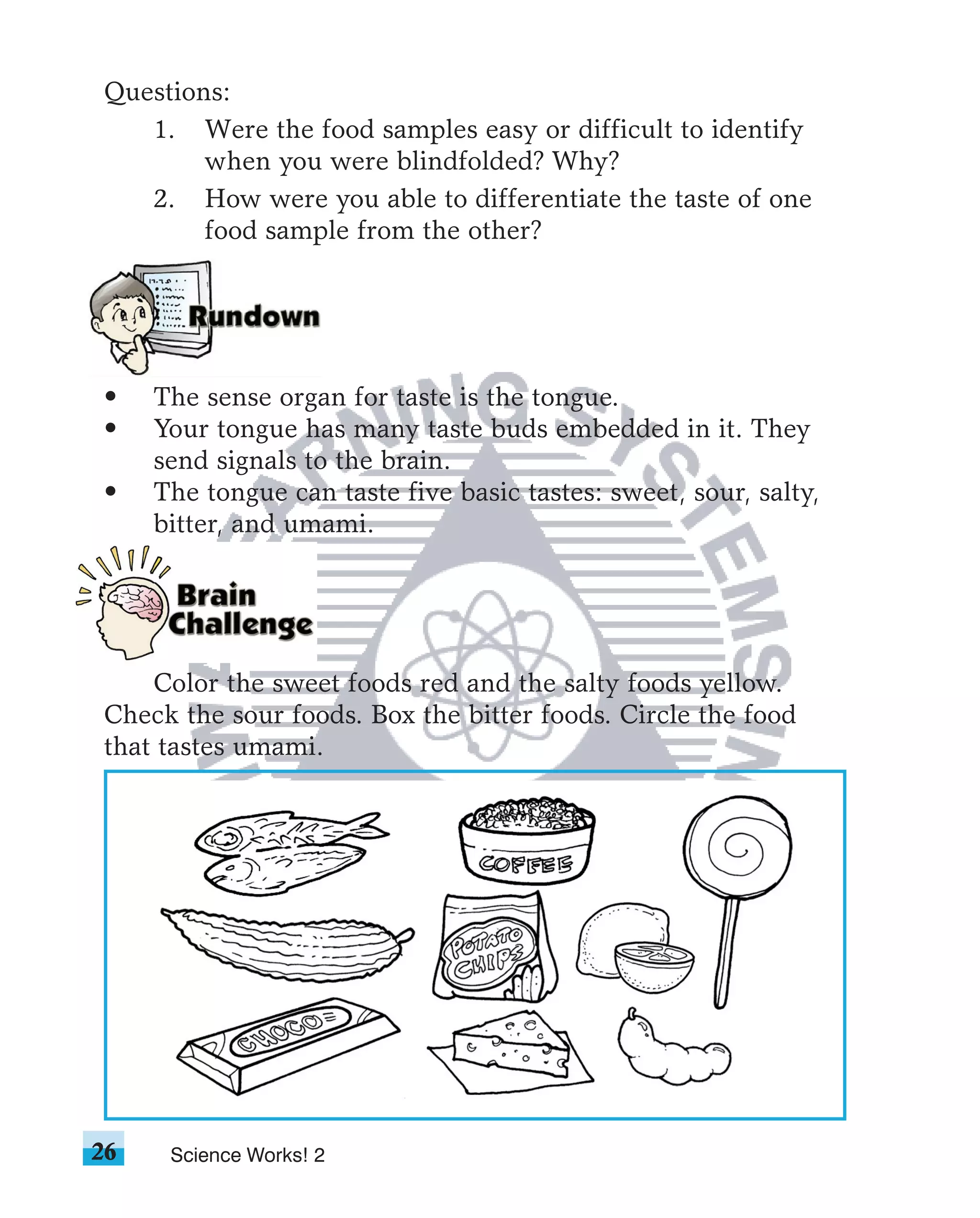 Questions:
   1. Were the food samples easy or difficult to identify
        when you were blindfolded? Why?
   2. How were you able to differentiate the taste of one
        food sample from the other?




•    The sense organ for taste is the tongue.
•    Your tongue has many taste buds embedded in it. They
     send signals to the brain.
•    The tongue can taste five basic tastes: sweet, sour, salty,
     bitter, and umami.




    Color the sweet foods red and the salty foods yellow.
Check the sour foods. Box the bitter foods. Circle the food
that tastes umami.




26    Science Works! 2
 
