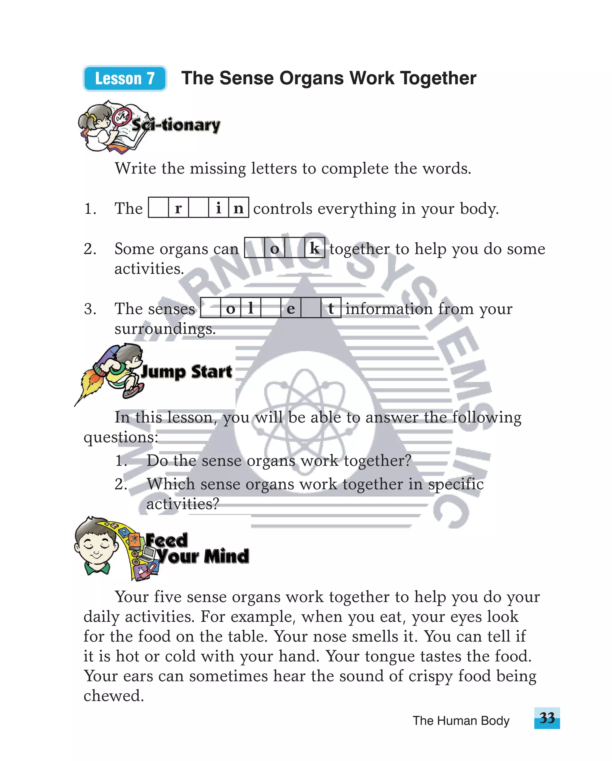 Lesson 7    The Sense Organs Work Together



     Write the missing letters to complete the words.

1.   The     r    i n controls everything in your body.

2.   Some organs can     o       k together to help you do some
     activities.

3.   The senses    o l       e     t information from your
     surroundings.




   In this lesson, you will be able to answer the following
questions:
   1. Do the sense organs work together?
   2. Which sense organs work together in specific
        activities?




      Your five sense organs work together to help you do your
daily activities. For example, when you eat, your eyes look
for the food on the table. Your nose smells it. You can tell if
it is hot or cold with your hand. Your tongue tastes the food.
Your ears can sometimes hear the sound of crispy food being
chewed.
                                              The Human Body   33
 