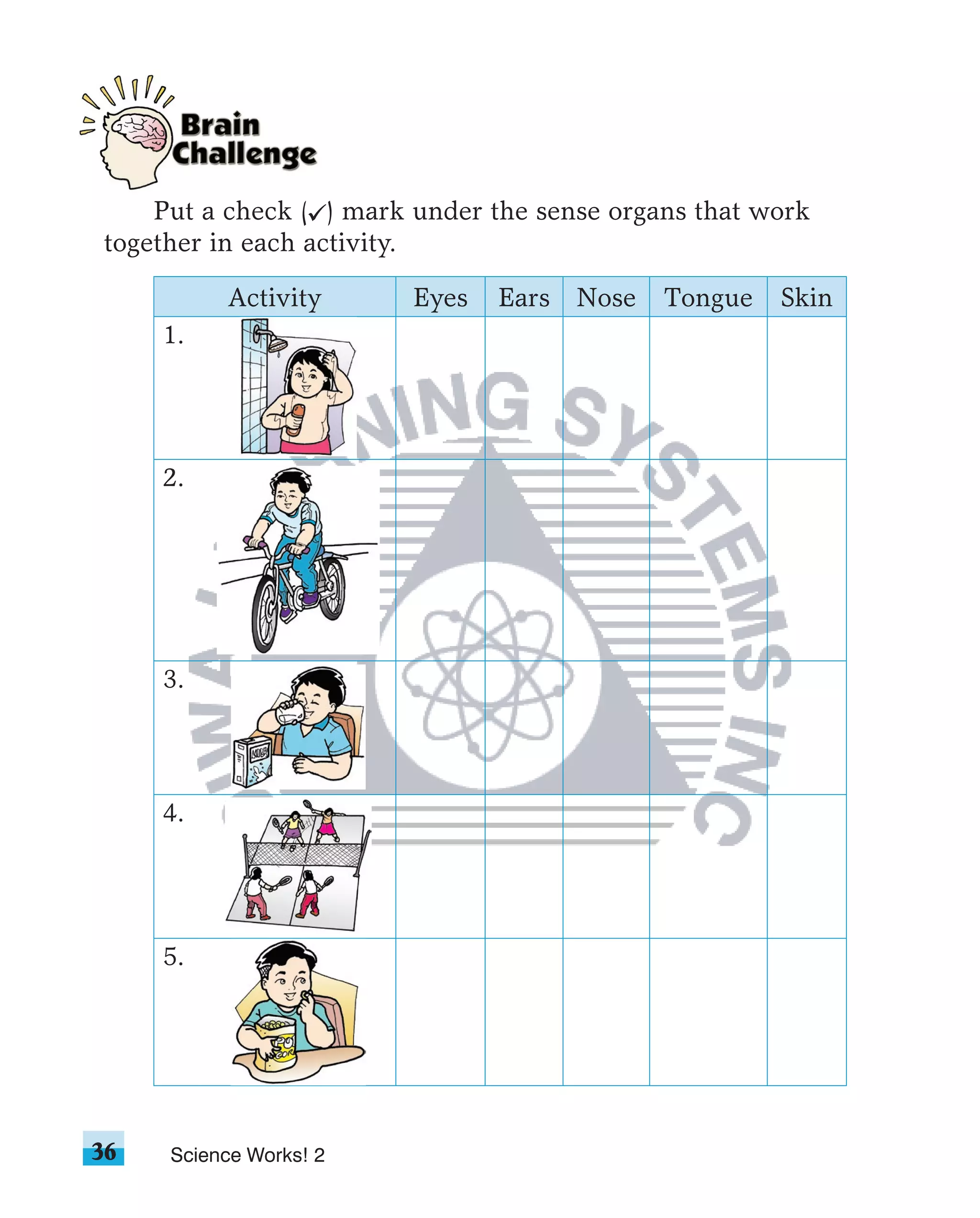 Put a check ( ) mark under the sense organs that work
together in each activity.

          Activity      Eyes   Ears   Nose   Tongue   Skin
     1.




     2.




     3.




     4.




     5.




36   Science Works! 2
 