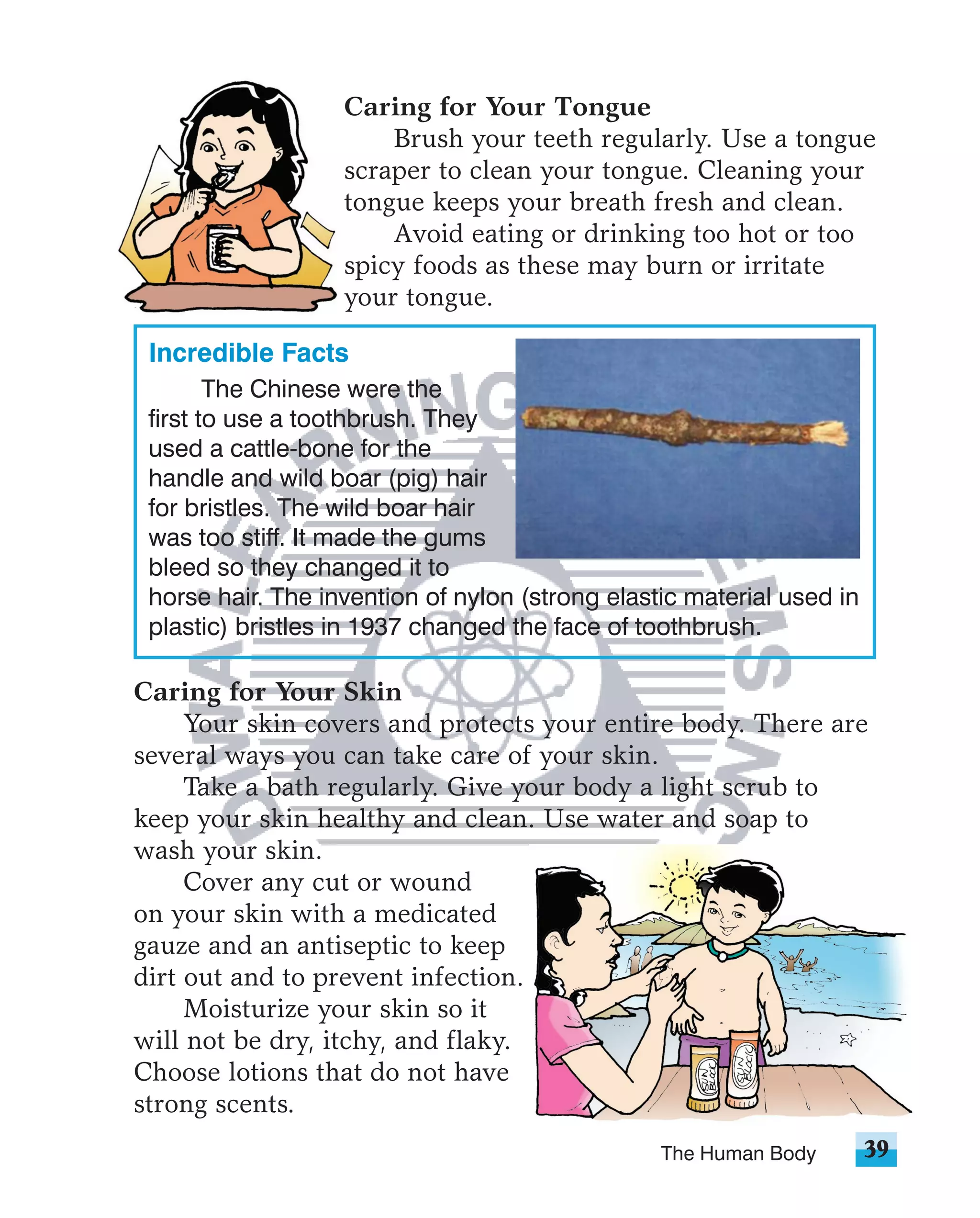 Caring for Your Tongue
                       Brush your teeth regularly. Use a tongue
                   scraper to clean your tongue. Cleaning your
                   tongue keeps your breath fresh and clean.
                       Avoid eating or drinking too hot or too
                   spicy foods as these may burn or irritate
                   your tongue.

 Incredible Facts
        The Chinese were the
 first to use a toothbrush. They
 used a cattle-bone for the
 handle and wild boar (pig) hair
 for bristles. The wild boar hair
 was too stiff. It made the gums
 bleed so they changed it to
 horse hair. The invention of nylon (strong elastic material used in
 plastic) bristles in 1937 changed the face of toothbrush.

Caring for Your Skin
     Your skin covers and protects your entire body. There are
several ways you can take care of your skin.
     Take a bath regularly. Give your body a light scrub to
keep your skin healthy and clean. Use water and soap to
wash your skin.
     Cover any cut or wound
on your skin with a medicated
gauze and an antiseptic to keep
dirt out and to prevent infection.
     Moisturize your skin so it
will not be dry, itchy, and flaky.
Choose lotions that do not have
strong scents.
                                                 The Human Body        39
 