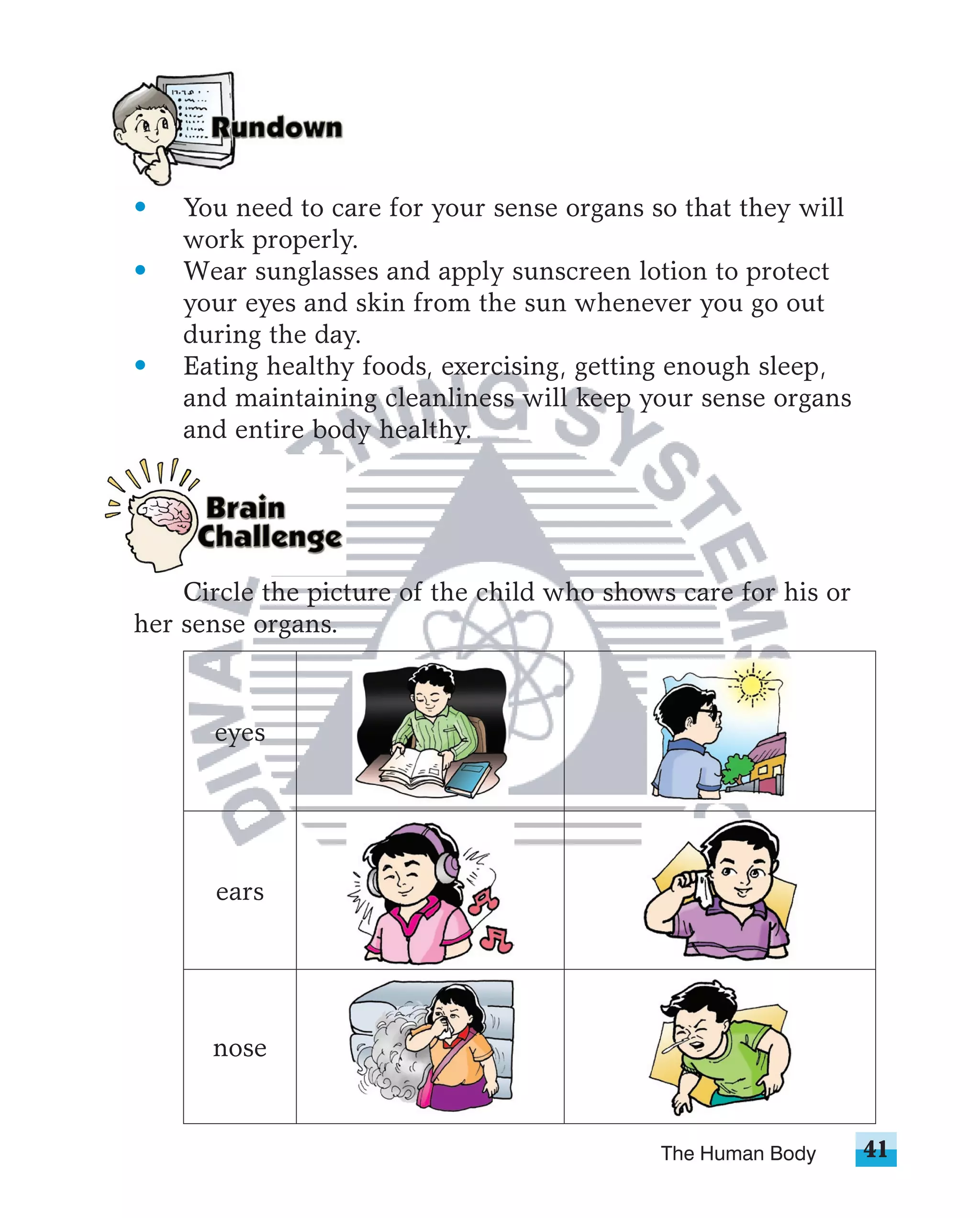 •   You need to care for your sense organs so that they will
    work properly.
•   Wear sunglasses and apply sunscreen lotion to protect
    your eyes and skin from the sun whenever you go out
    during the day.
•   Eating healthy foods, exercising, getting enough sleep,
    and maintaining cleanliness will keep your sense organs
    and entire body healthy.




    Circle the picture of the child who shows care for his or
her sense organs.



      eyes




      ears




      nose


                                            The Human Body      41
 