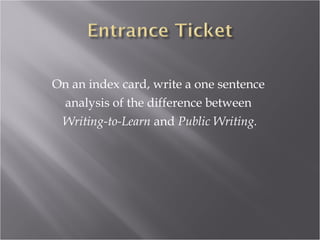 On an index card, write a one sentence
 analysis of the difference between
 Writing-to-Learn and Public Writing.
 