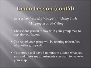 Ecosystem from My Viewpoint: Using Table
             Mapping as Pre-Writing

•   Choose one person to stay with your group map to
    explain your layout

•   The rest of your group will be rotating to hear/see
    what other groups did

•   Your group will have 5 minutes to discuss what you
    saw and make any adjustments you want to make to
    your map
 