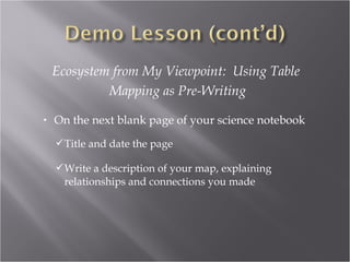 Ecosystem from My Viewpoint: Using Table
             Mapping as Pre-Writing

•   On the next blank page of your science notebook
     Title and date the page

     Write a description of your map, explaining
      relationships and connections you made
 