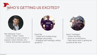 Who’s getting us excited?
David Ng
- Twitter and multiple blogs
- Highlight personality
- Engaging with hashtags, asking
questions
Neil deGrasse Tyson
- Twitter, Twitter, Twitter
- Comments on inaccuracies in
popular culture (Gravity, etc.)
- Solicits and answers questions
Karyn Traphagen
- Twitter and blog
- Great at conversations
- Talks about what is getting her
excited all the time
Monday, 10 March, 14
 