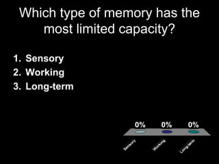 Which type of memory has the
    most limited capacity?

1. Sensory
2. Working
3. Long-term
 