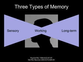Three Types of Memory



Sensory           Working                       Long-term




            Psychol Rev 1956;63(2):81-97.
          Nat Rev Neurosci 2003;4(10):829-39.
 