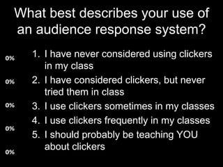 What best describes your use of
 an audience response system?
0%   1. I have never considered using clickers
        in my class
0%   2. I have considered clickers, but never
        tried them in class
0%   3. I use clickers sometimes in my classes
     4. I use clickers frequently in my classes
0%
     5. I should probably be teaching YOU
0%
        about clickers
 