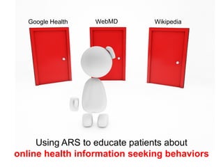 Google Health               Wikipedia




     Using ARS to educate patients about
online health information seeking behaviors
 