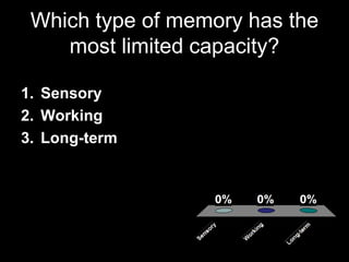 Three Types of Memory



Sensory           Working                       Long-term




            Psychol Rev 1956;63(2):...