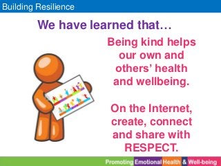 Building Resilience
We have learned that…
Being kind helps
our own and
others’ health
and wellbeing.
On the Internet,
create, connect
and share with
RESPECT.
 