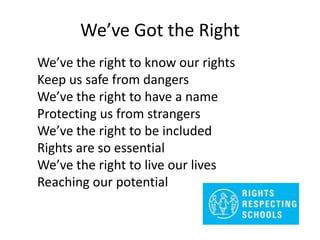 We’ve Got the Right
We’ve the right to know our rights
Keep us safe from dangers
We’ve the right to have a name
Protecting us from strangers
We’ve the right to be included
Rights are so essential
We’ve the right to live our lives
Reaching our potential
 
