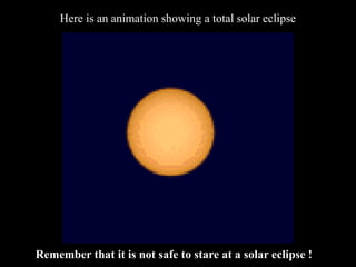 Here is an animation showing a total solar eclipse
Remember that it is not safe to stare at a solar eclipse !
 