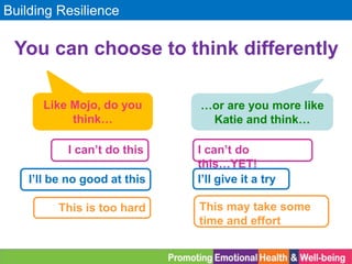 Building Resilience
You can choose to think differently
I’ll be no good at this I’ll give it a try
This is too hard This may take some
time and effort
I can’t do this I can’t do
this…YET!
Like Mojo, do you
think…
…or are you more like
Katie and think…
 