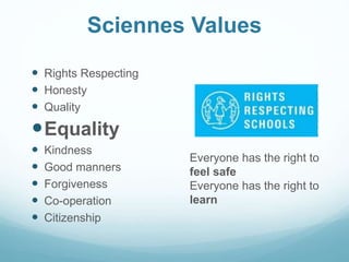 Sciennes Values
 Rights Respecting
 Honesty
 Quality
Equality
 Kindness
 Good manners
 Forgiveness
 Co-operation
 Citizenship
Everyone has the right to
feel safe
Everyone has the right to
learn
 
