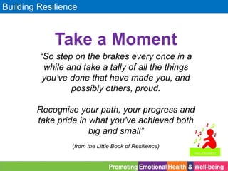 Building Resilience
Take a Moment
“So step on the brakes every once in a
while and take a tally of all the things
you’ve done that have made you, and
possibly others, proud.
Recognise your path, your progress and
take pride in what you’ve achieved both
big and small”
(from the Little Book of Resilience)
 