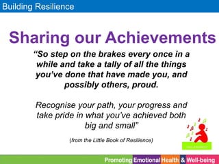Building Resilience
Sharing our Achievements
“So step on the brakes every once in a
while and take a tally of all the things
you’ve done that have made you, and
possibly others, proud.
Recognise your path, your progress and
take pride in what you’ve achieved both
big and small”
(from the Little Book of Resilience)
 