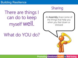 Building Resilience
Sharing
At Assembly share some of
the things that help you
when you feel down or
stressed
There are things I
can do to keep
myself well.
What do YOU do?
 
