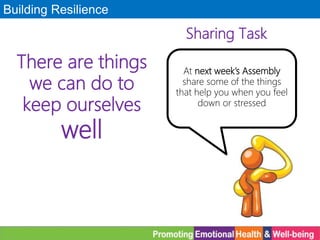 Building Resilience
Sharing Task
At next week’s Assembly
share some of the things
that help you when you feel
down or stressed
There are things
we can do to
keep ourselves
well
 